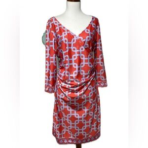 Gretchen Scott Unchained Faux Wrap Jersey Stretch Orange Sky Blue Dress Size S